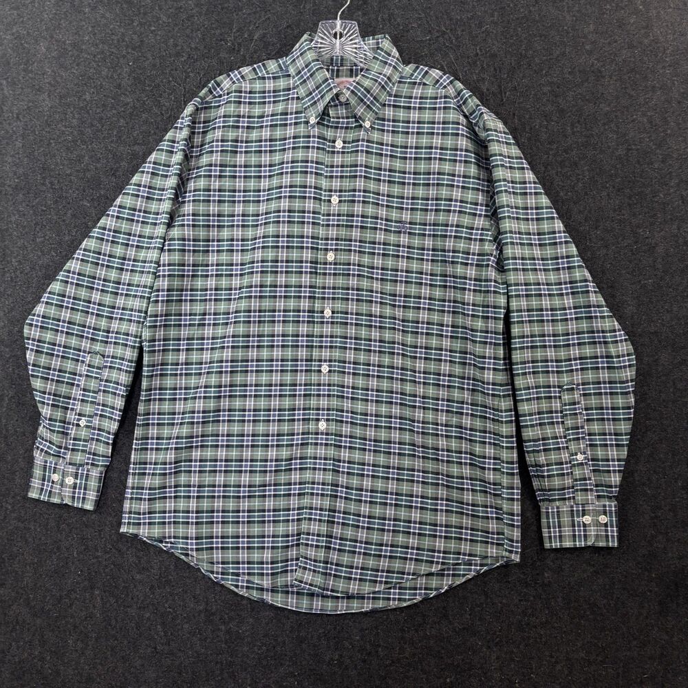Brooks Brothers Shirt Men's Medium Green Blue Plaid Non Iron Supima Cotton